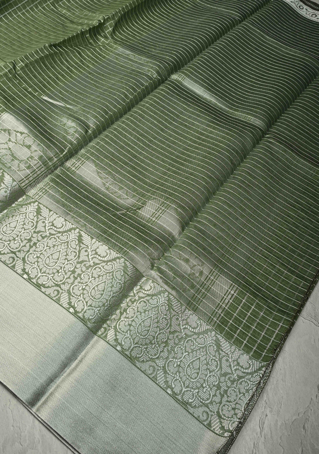 Pistachio Green Semi Kora Banarasi Saree with Siver Zari Checks and Wide Zari Border | SHOBITAM