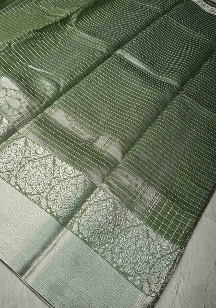 Pistachio Green Semi Kora Banarasi Saree with Siver Zari Checks and Wide Zari Border | SHOBITAM