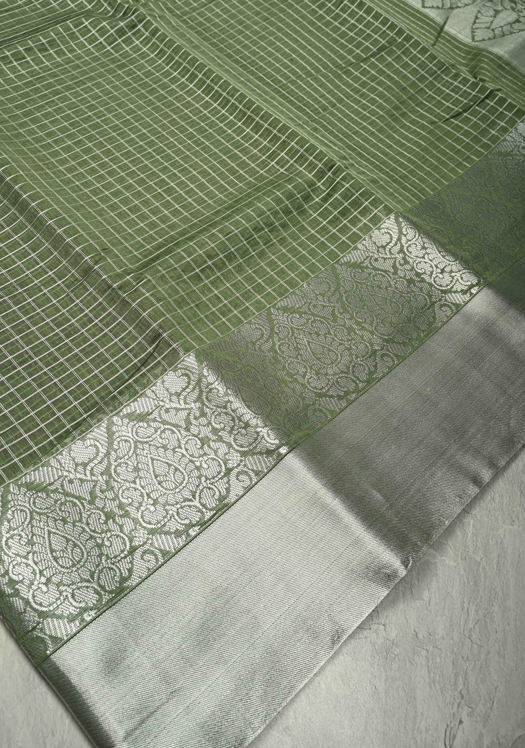 Pistachio Green Semi Kora Banarasi Saree with Siver Zari Checks and Wide Zari Border | SHOBITAM