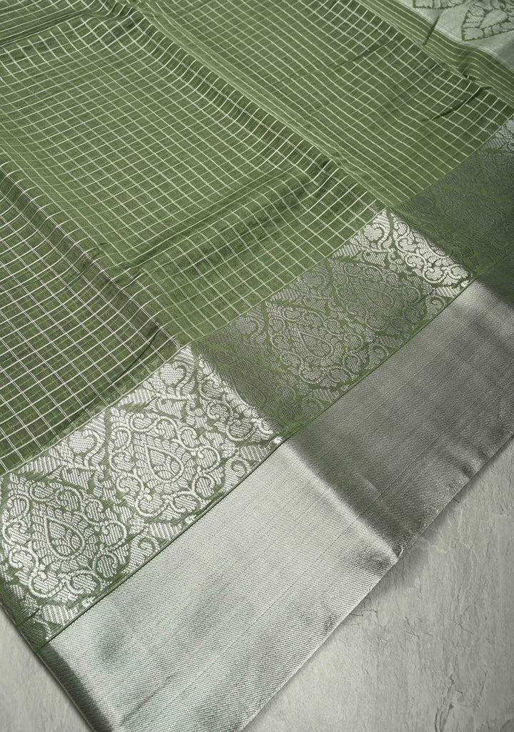 Pistachio Green Semi Kora Banarasi Saree with Siver Zari Checks and Wide Zari Border | SHOBITAM