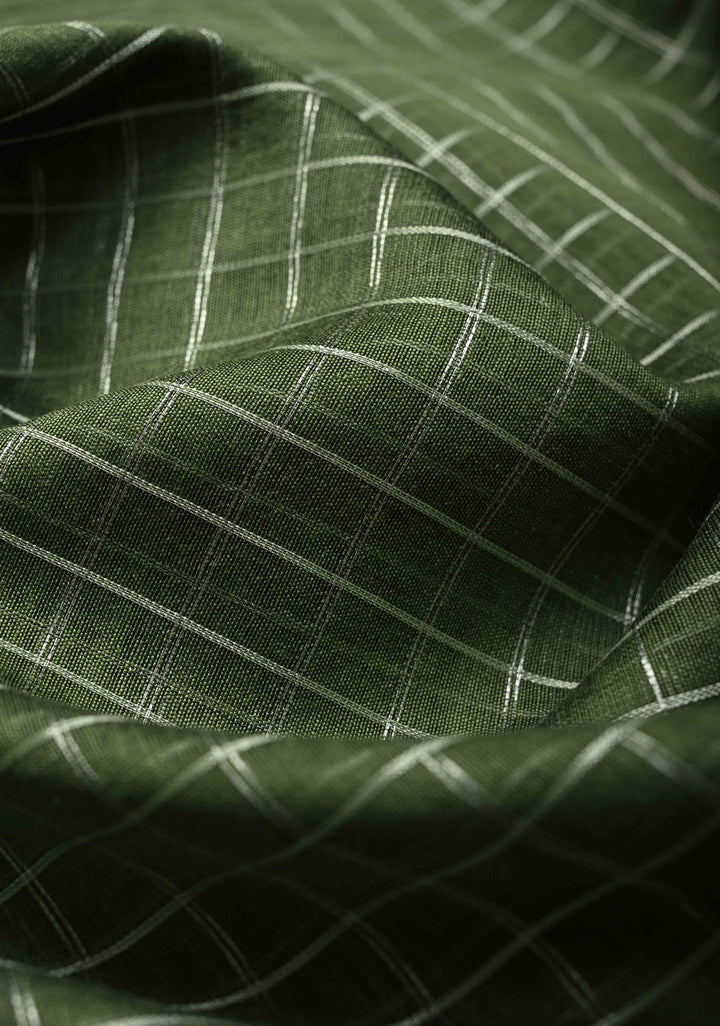 Pistachio Green Semi Kora Banarasi Saree with Siver Zari Checks and Wide Zari Border | SHOBITAM