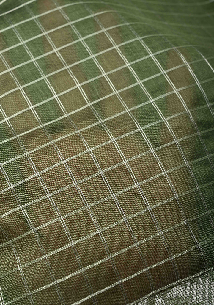 Pistachio Green Semi Kora Banarasi Saree with Siver Zari Checks and Wide Zari Border | SHOBITAM