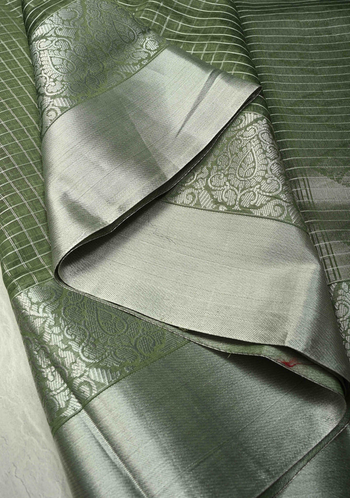 Pistachio Green Semi Kora Banarasi Saree with Siver Zari Checks and Wide Zari Border | SHOBITAM