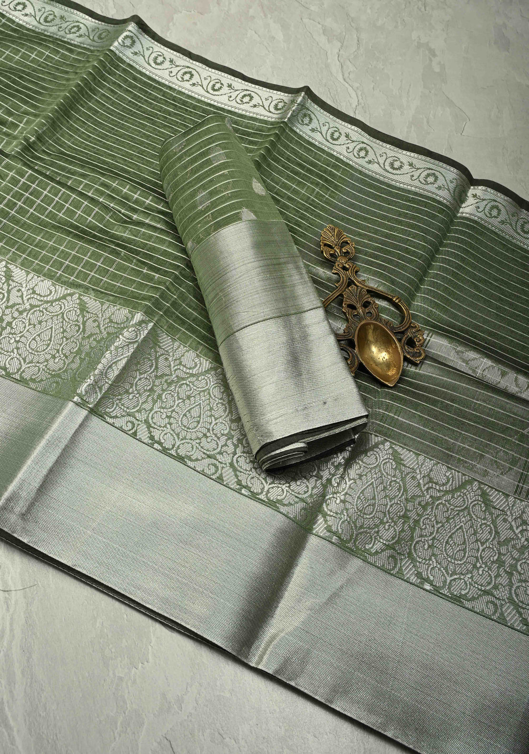 Pistachio Green Semi Kora Banarasi Saree with Siver Zari Checks and Wide Zari Border | SHOBITAM