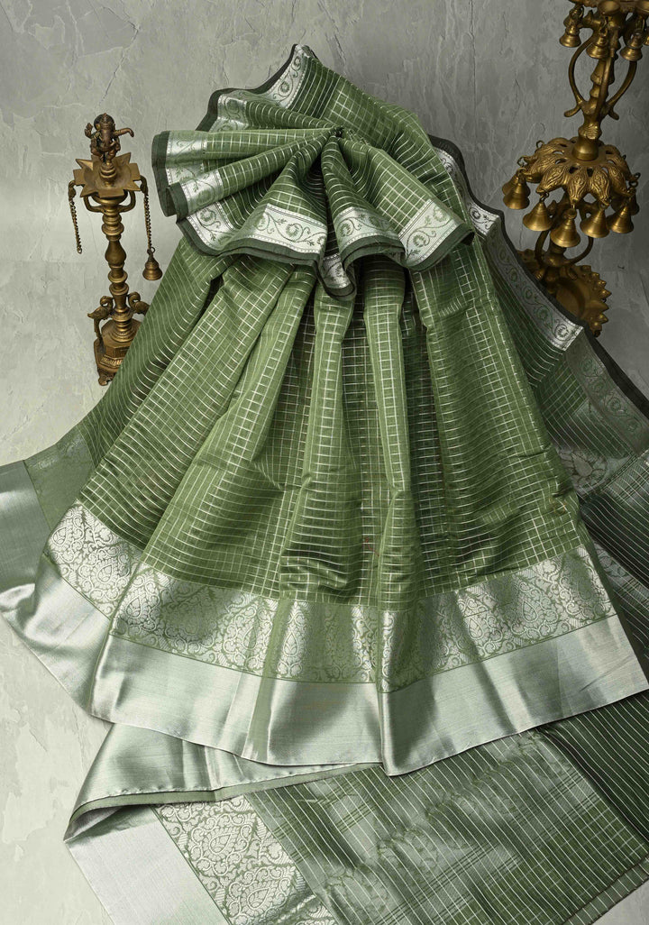 Pistachio Green Semi Kora Banarasi Saree with Siver Zari Checks and Wide Zari Border | SHOBITAM
