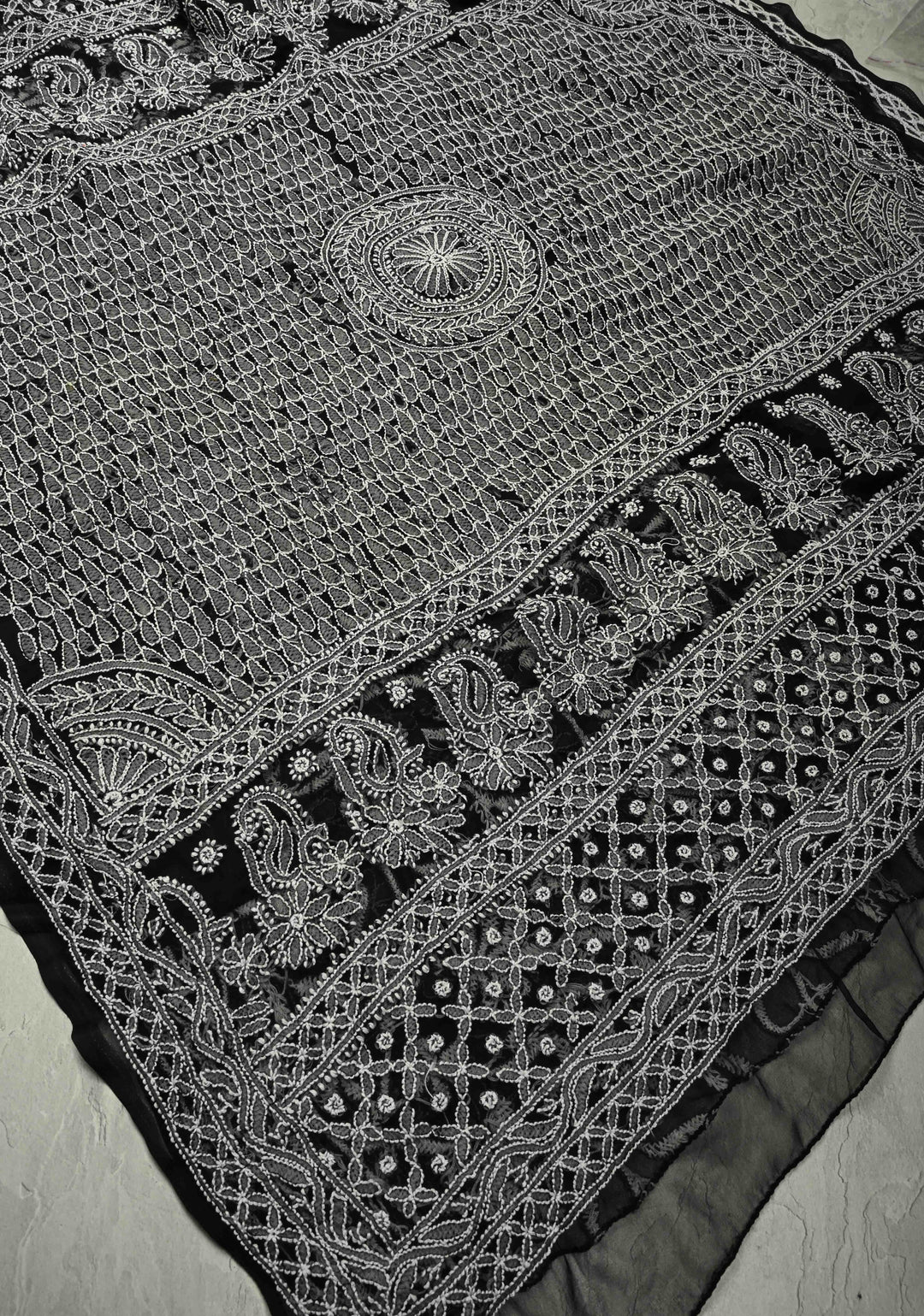Black Authentic Hand-Embroidered Full Jaal Chikankari Georgette Saree with Skirt Border | SHOBITAM