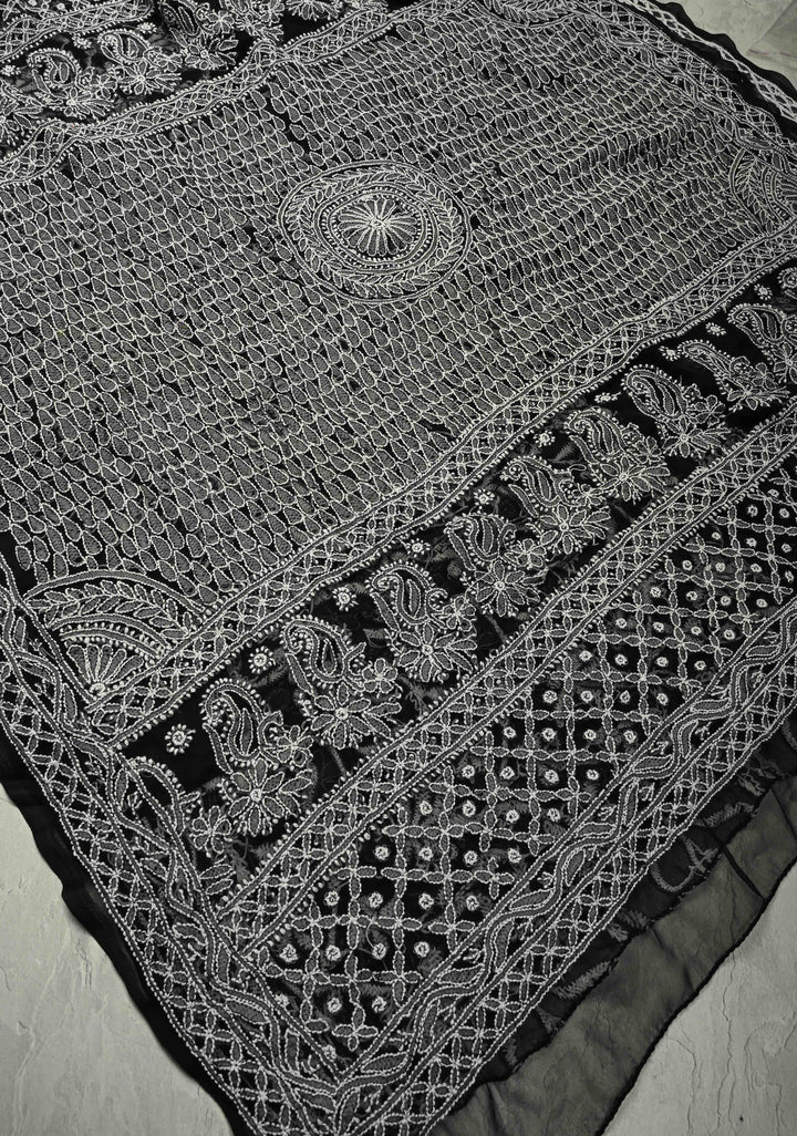 Black Authentic Hand-Embroidered Full Jaal Chikankari Georgette Saree with Skirt Border | SHOBITAM