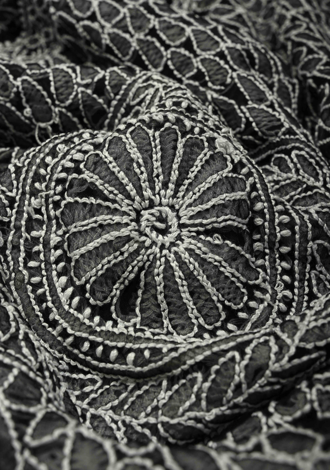 Black Authentic Hand-Embroidered Full Jaal Chikankari Georgette Saree with Skirt Border | SHOBITAM