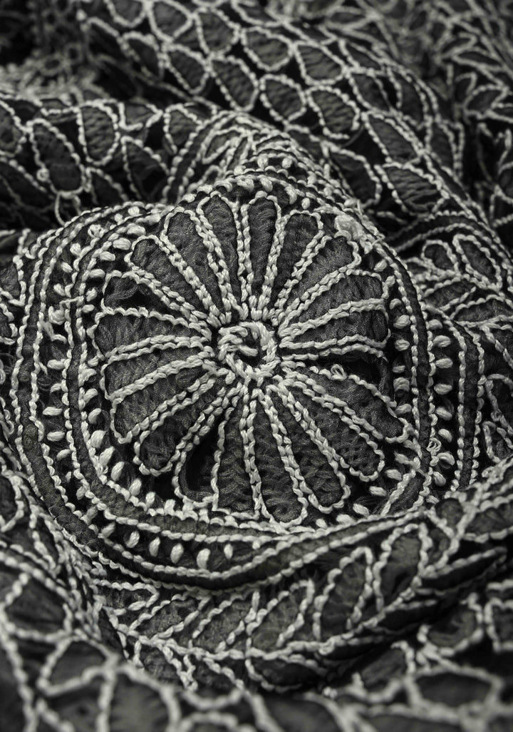 Black Authentic Hand-Embroidered Full Jaal Chikankari Georgette Saree with Skirt Border | SHOBITAM