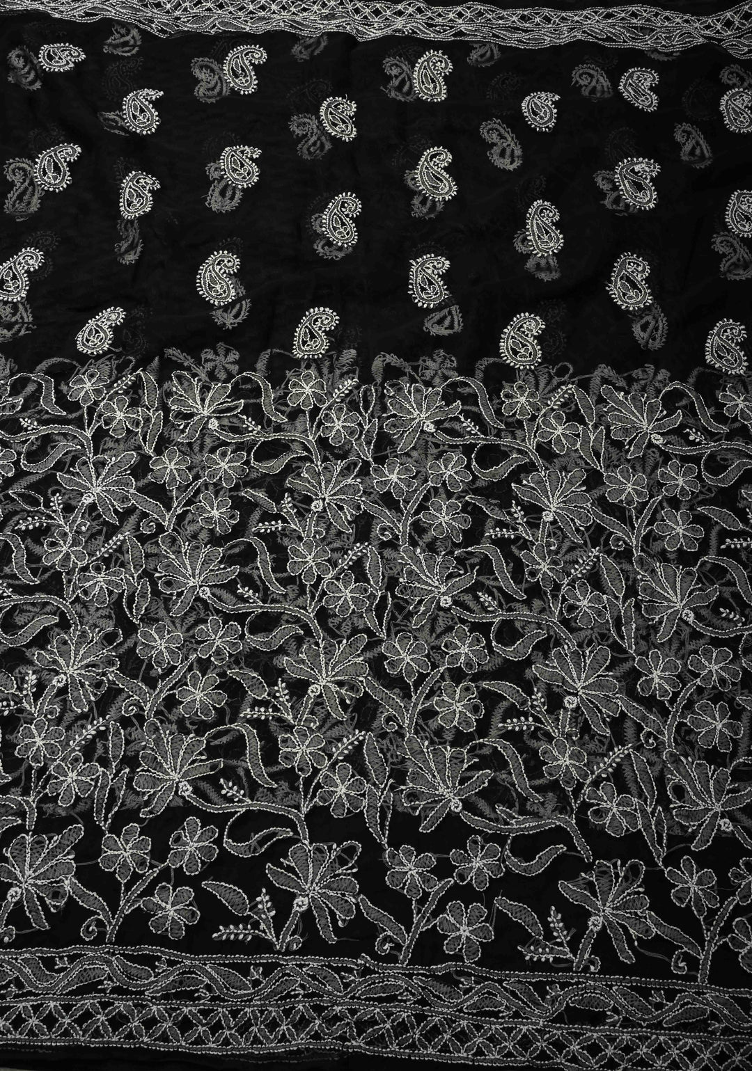 Black Authentic Hand-Embroidered Full Jaal Chikankari Georgette Saree with Skirt Border | SHOBITAM