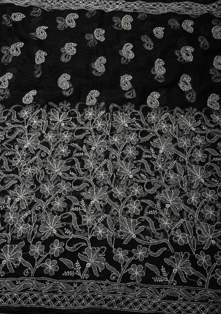 Black Authentic Hand-Embroidered Full Jaal Chikankari Georgette Saree with Skirt Border | SHOBITAM