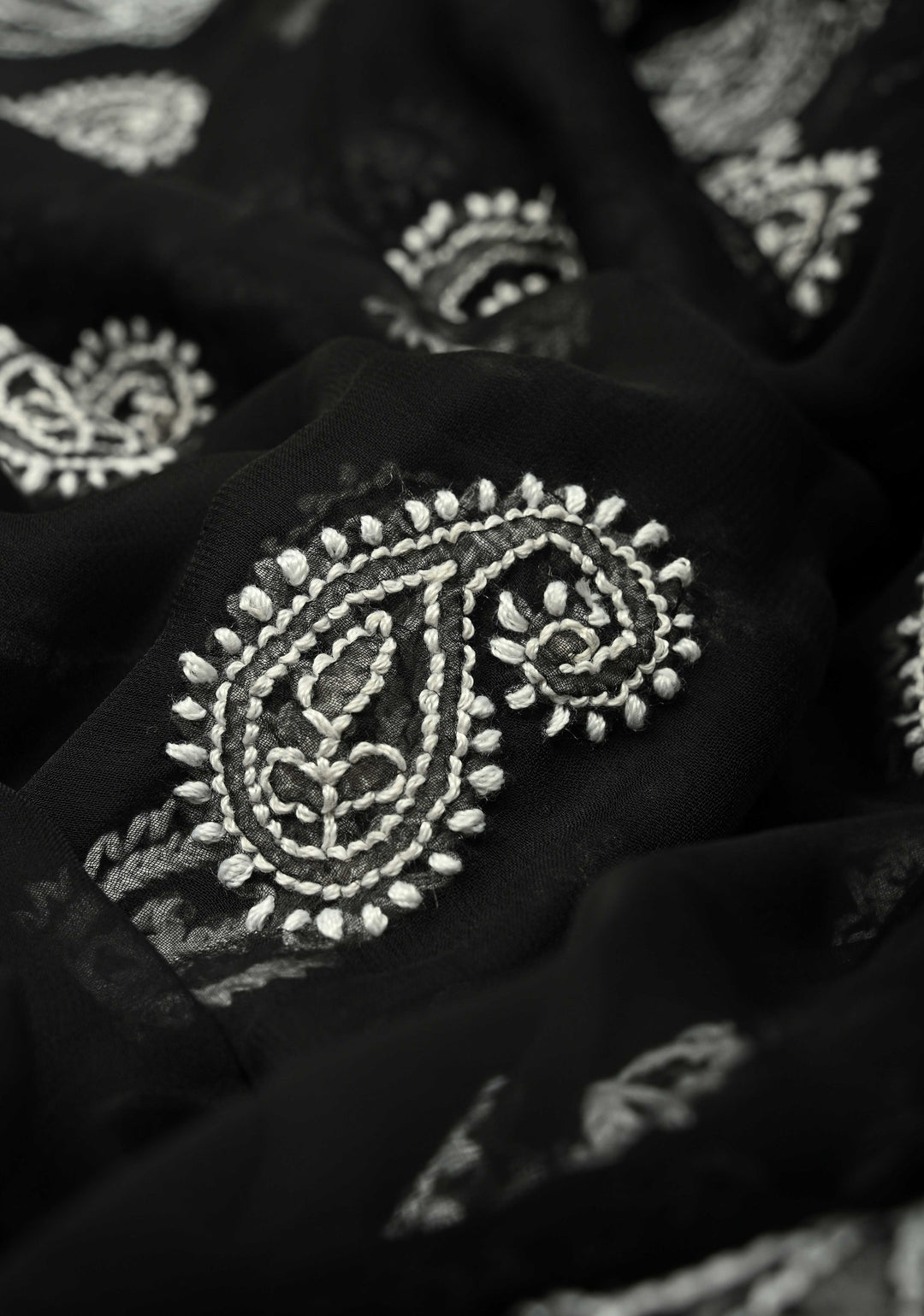 Black Authentic Hand-Embroidered Full Jaal Chikankari Georgette Saree with Skirt Border | SHOBITAM