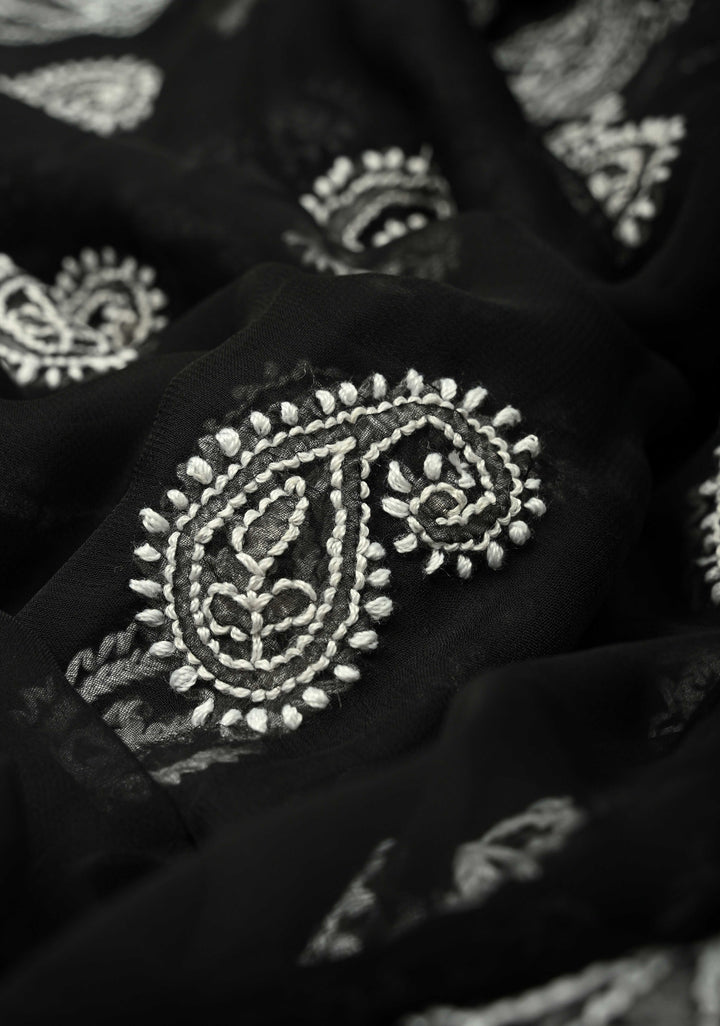 Black Authentic Hand-Embroidered Full Jaal Chikankari Georgette Saree with Skirt Border | SHOBITAM