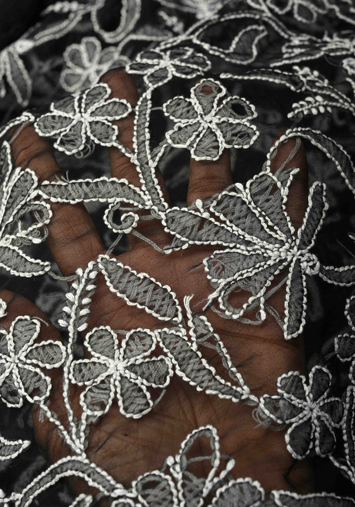 Black Authentic Hand-Embroidered Full Jaal Chikankari Georgette Saree with Skirt Border | SHOBITAM