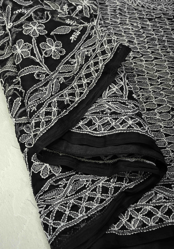 Black Authentic Hand-Embroidered Full Jaal Chikankari Georgette Saree with Skirt Border | SHOBITAM