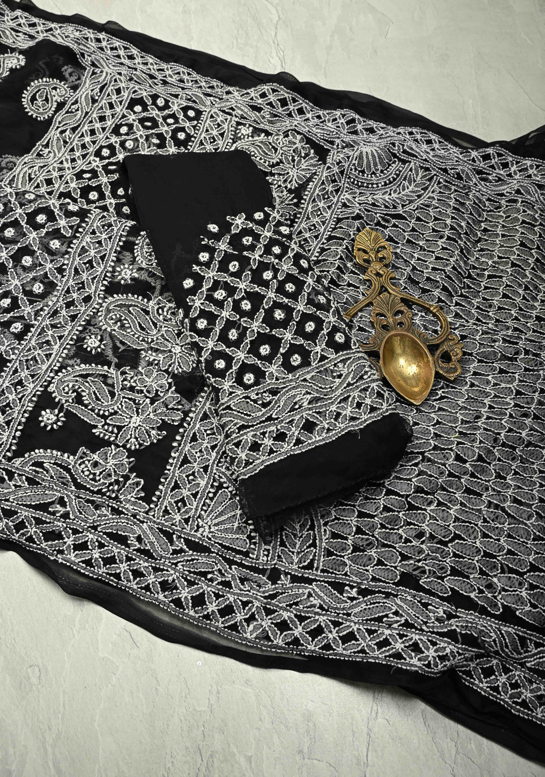 Black Authentic Hand-Embroidered Full Jaal Chikankari Georgette Saree with Skirt Border | SHOBITAM