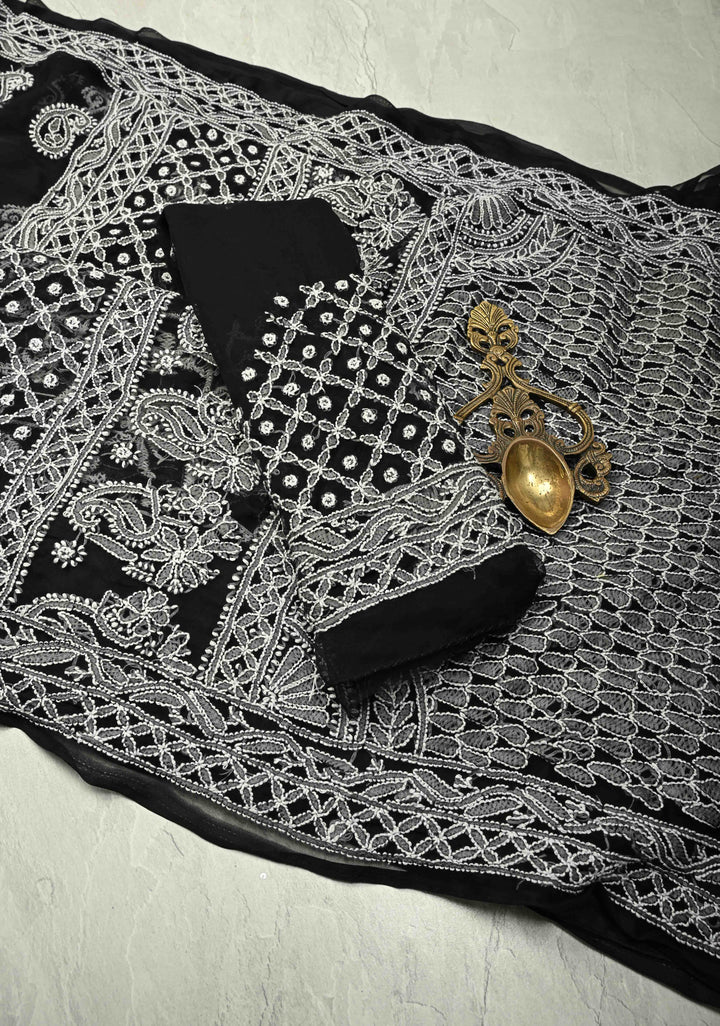 Black Authentic Hand-Embroidered Full Jaal Chikankari Georgette Saree with Skirt Border | SHOBITAM