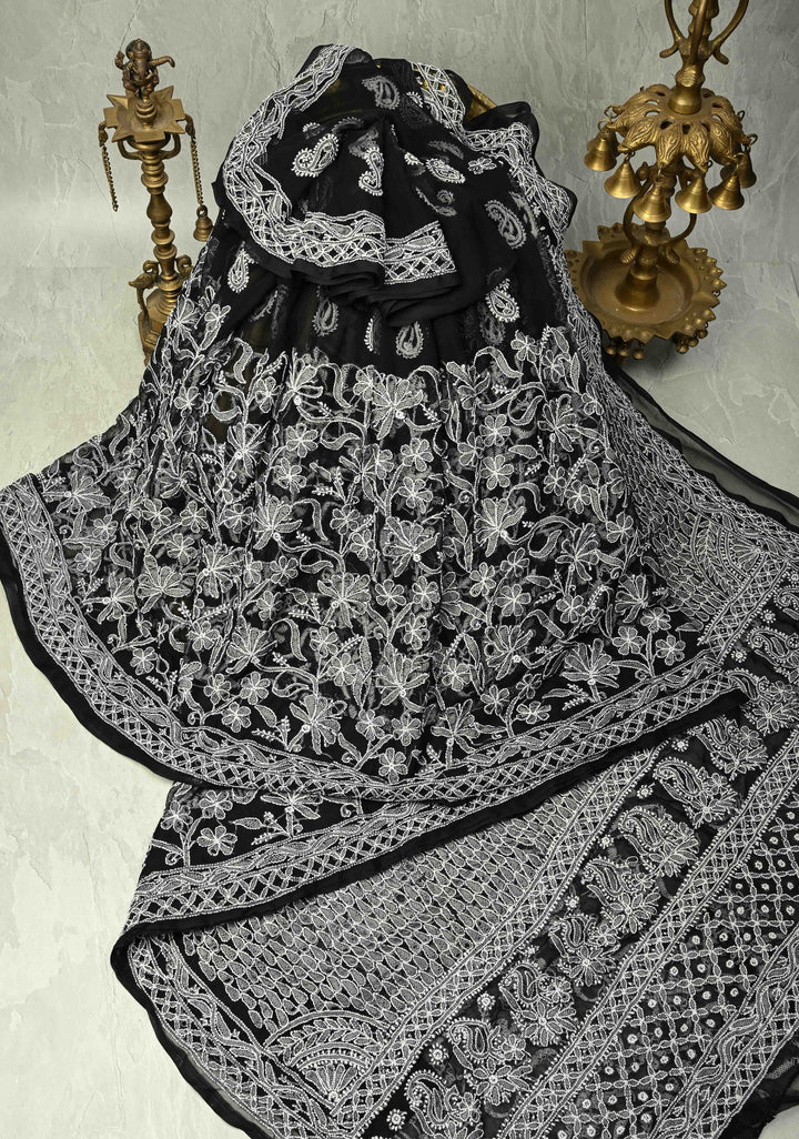 Black Authentic Hand-Embroidered Full Jaal Chikankari Georgette Saree with Skirt Border | SHOBITAM