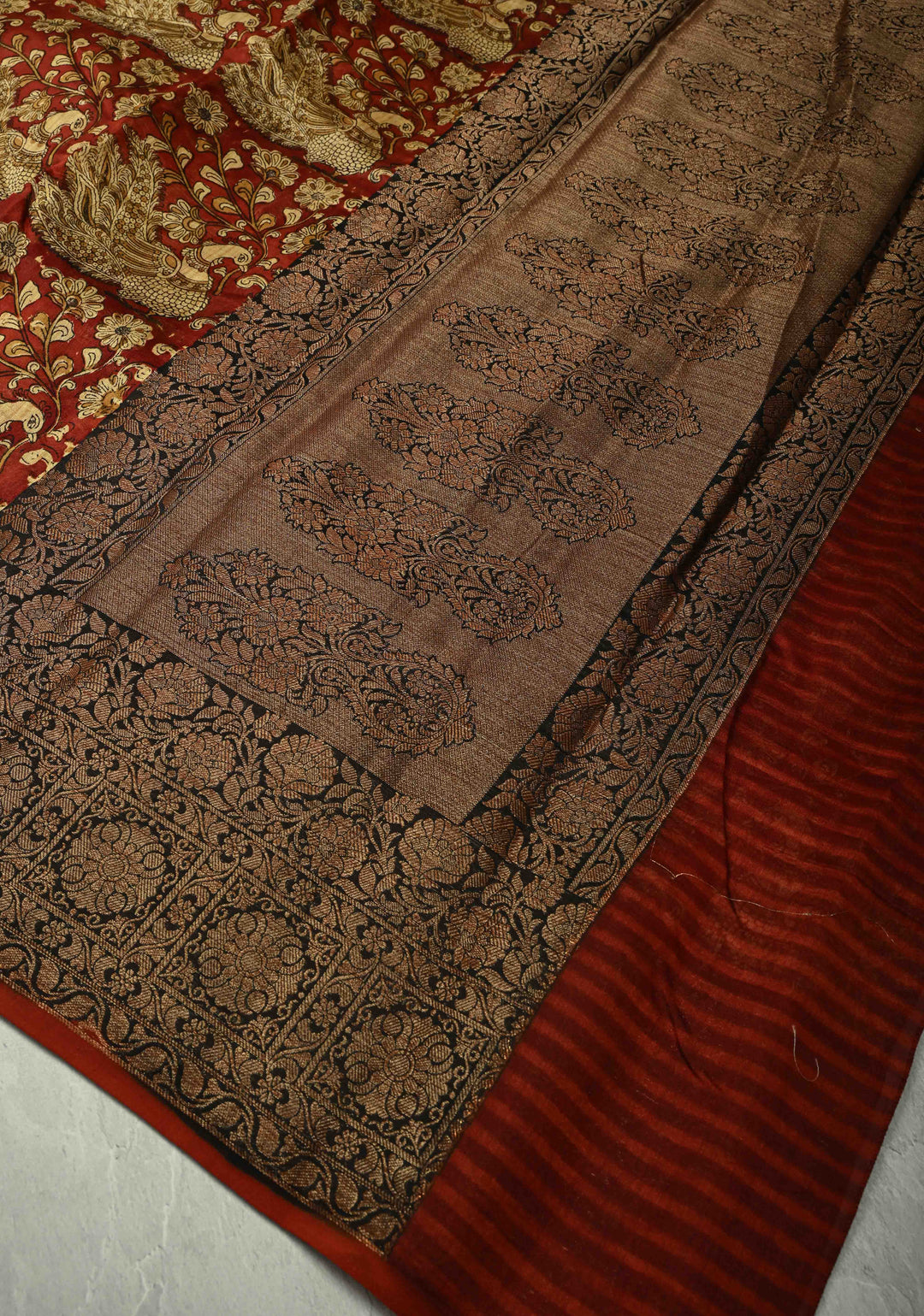 Deep Burnt Orange Chanderi Silk Cotton Saree with Peacock-Floral Block Print and Contrast Zari Border