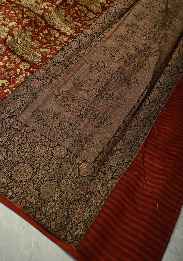 Deep Burnt Orange Chanderi Silk Cotton Saree with Peacock-Floral Block Print and Contrast Zari Border
