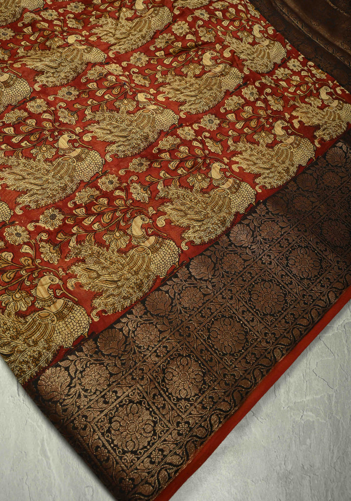 Deep Burnt Orange Chanderi Silk Cotton Saree with Peacock-Floral Block Print and Contrast Zari Border