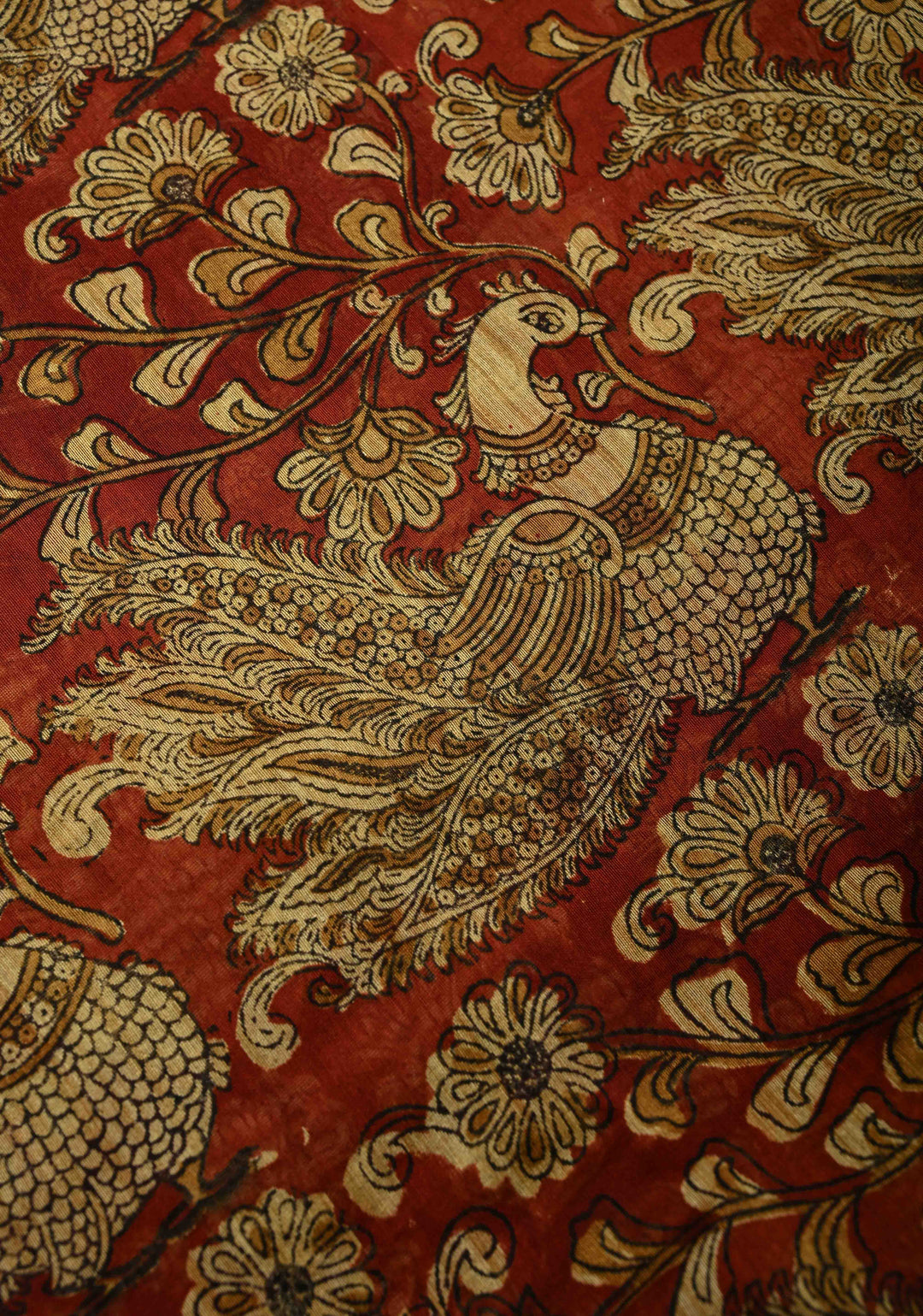 Deep Burnt Orange Chanderi Silk Cotton Saree with Peacock-Floral Block Print and Contrast Zari Border