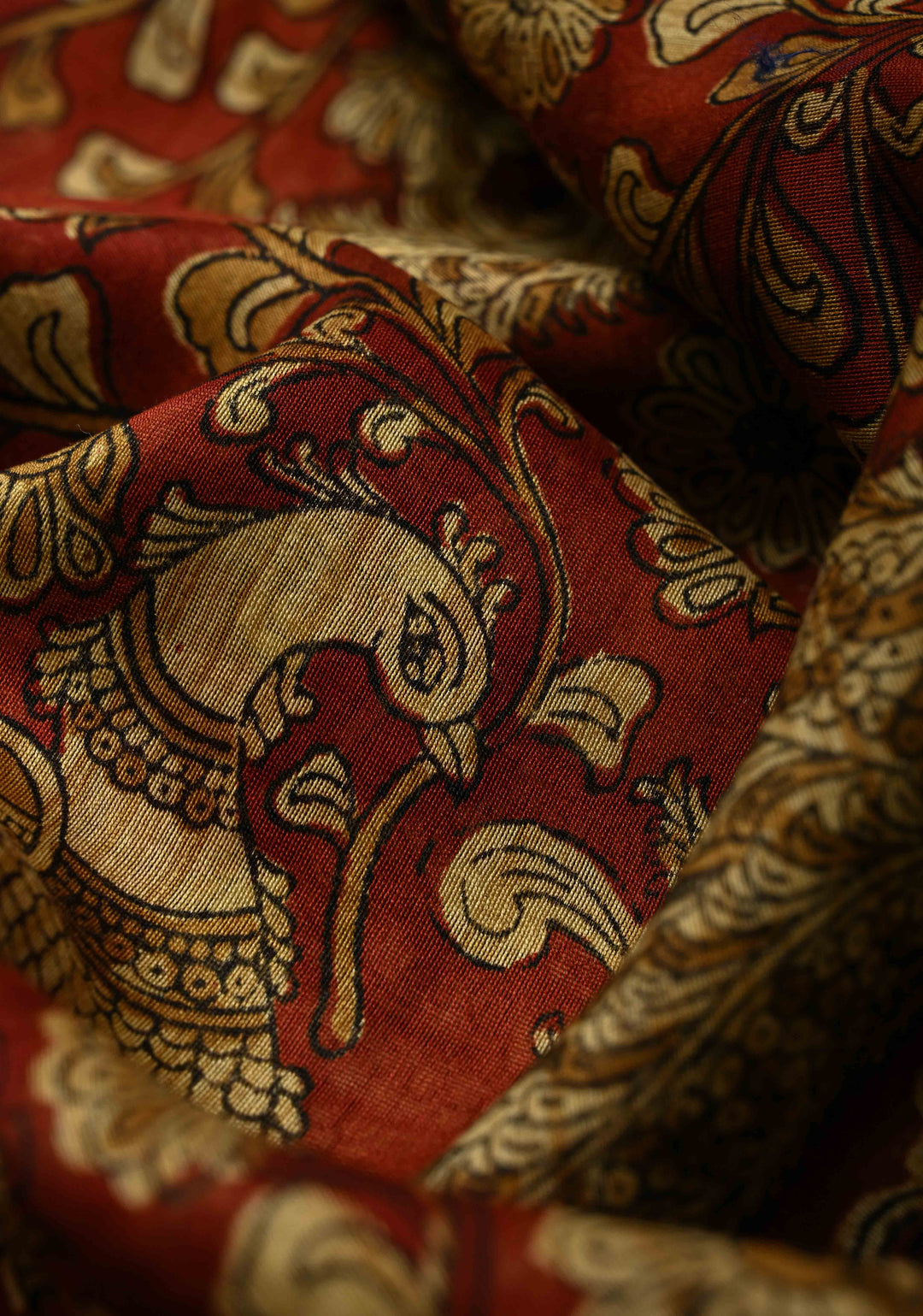 Deep Burnt Orange Chanderi Silk Cotton Saree with Peacock-Floral Block Print and Contrast Zari Border