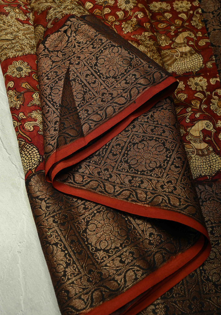 Deep Burnt Orange Chanderi Silk Cotton Saree with Peacock-Floral Block Print and Contrast Zari Border