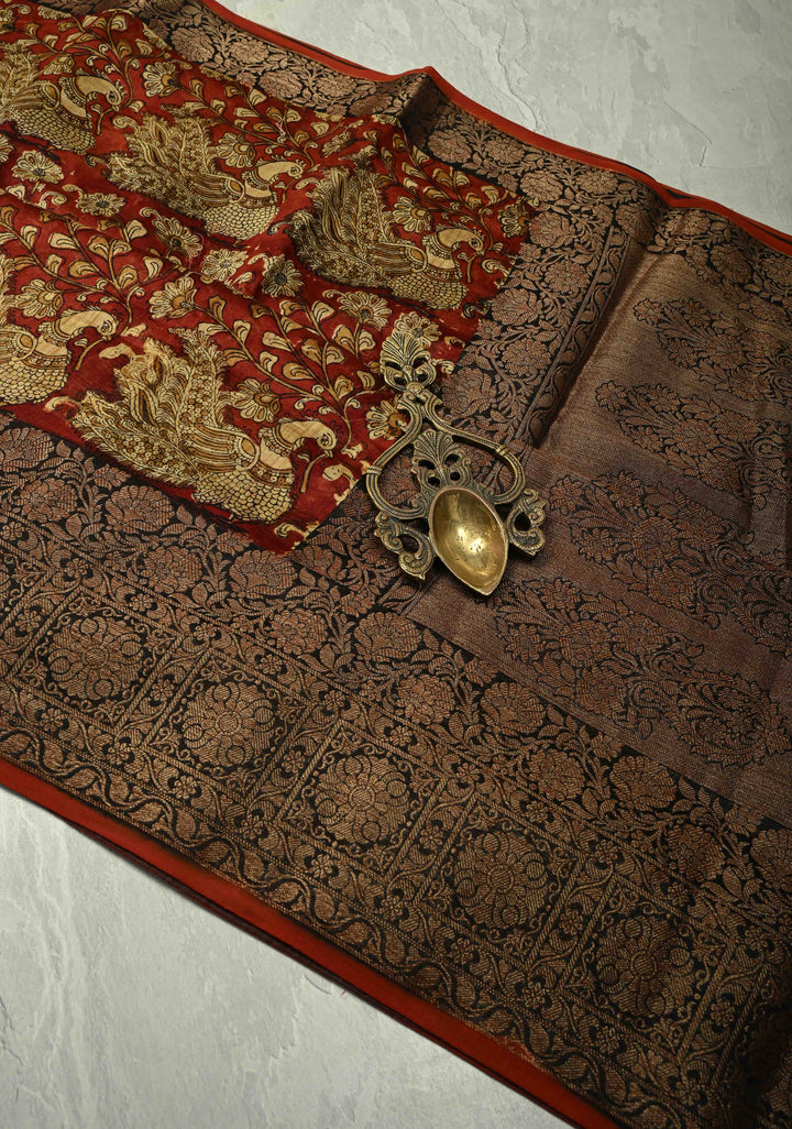 Deep Burnt Orange Chanderi Silk Cotton Saree with Peacock-Floral Block Print and Contrast Zari Border