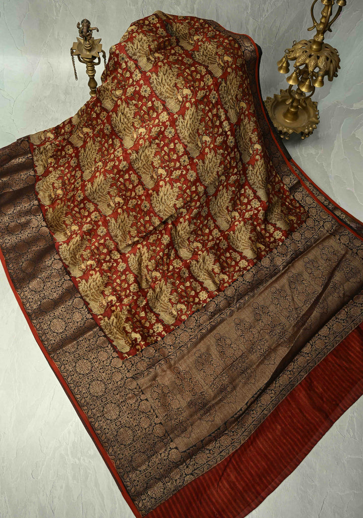 Deep Burnt Orange Chanderi Silk Cotton Saree with Peacock-Floral Block Print and Contrast Zari Border