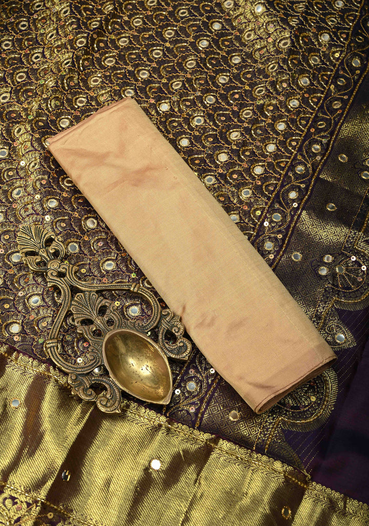 Beige Sequins, Cutdana, Mirror Work on Kanjivaram Pure Silk Saree with Peacock Buttas and Contrast Zari Border | SILK MARK CERTIFIED