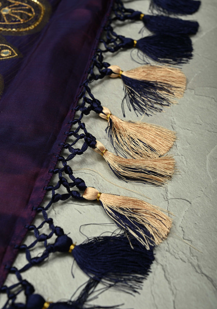 Beige Sequins, Cutdana, Mirror Work on Kanjivaram Pure Silk Saree with Peacock Buttas and Contrast Zari Border | SILK MARK CERTIFIED