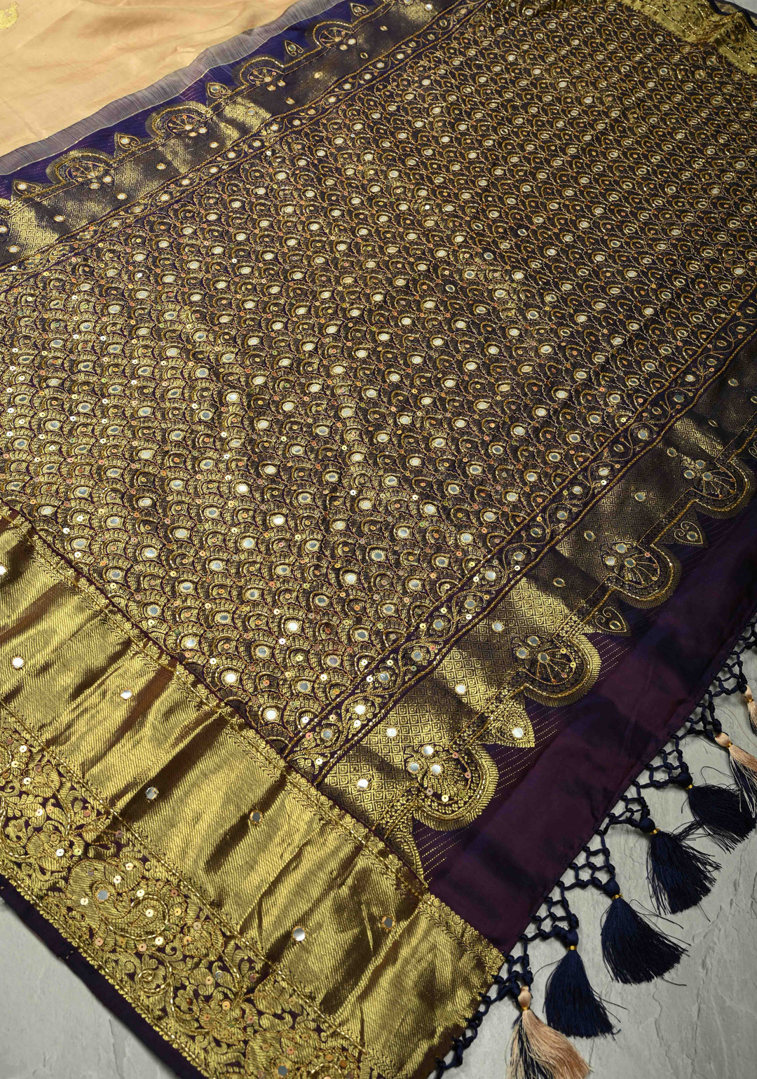 Beige Sequins, Cutdana, Mirror Work on Kanjivaram Pure Silk Saree with Peacock Buttas and Contrast Zari Border | SILK MARK CERTIFIED