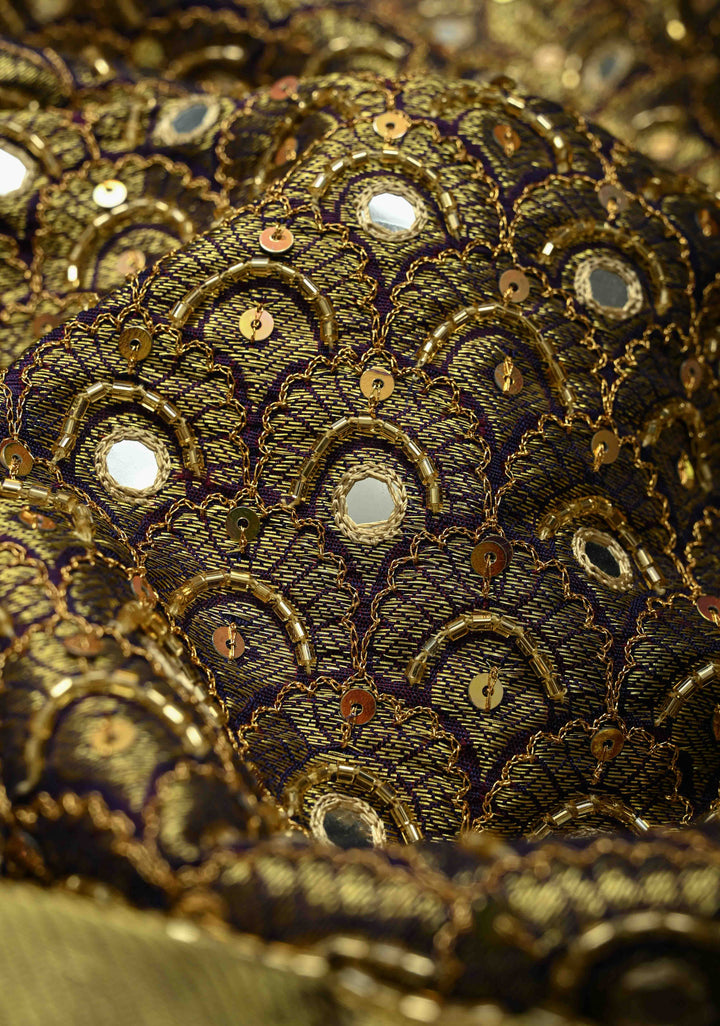 Beige Sequins, Cutdana, Mirror Work on Kanjivaram Pure Silk Saree with Peacock Buttas and Contrast Zari Border | SILK MARK CERTIFIED