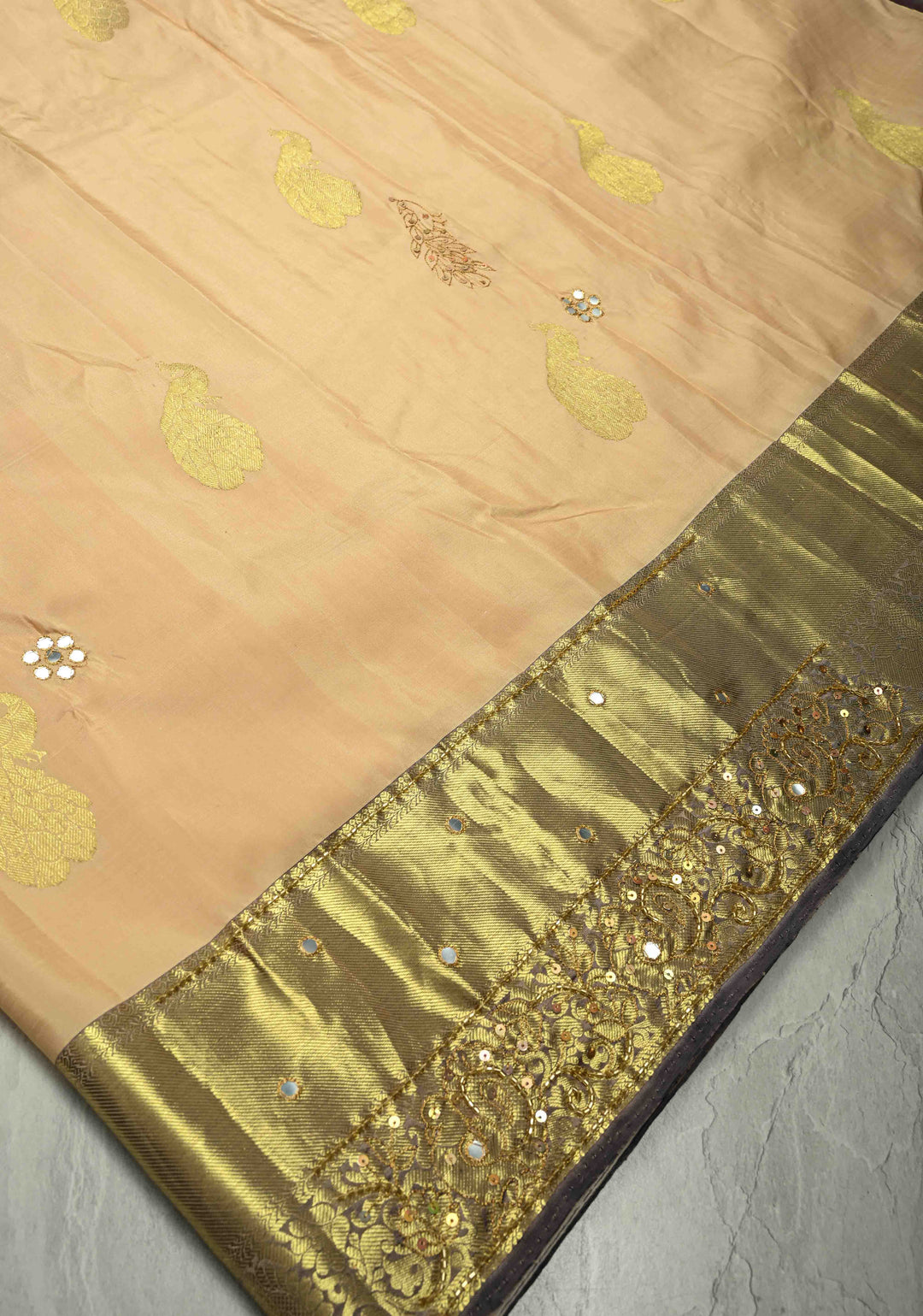 Beige Sequins, Cutdana, Mirror Work on Kanjivaram Pure Silk Saree with Peacock Buttas and Contrast Zari Border | SILK MARK CERTIFIED