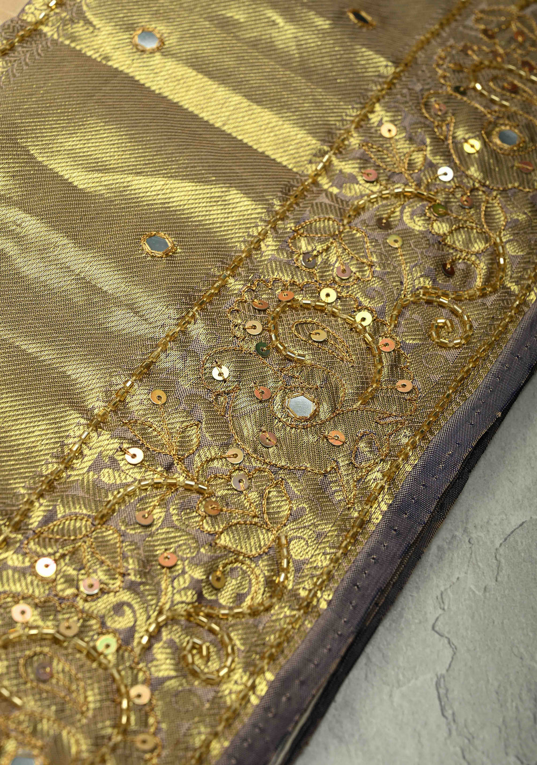 Beige Sequins, Cutdana, Mirror Work on Kanjivaram Pure Silk Saree with Peacock Buttas and Contrast Zari Border | SILK MARK CERTIFIED