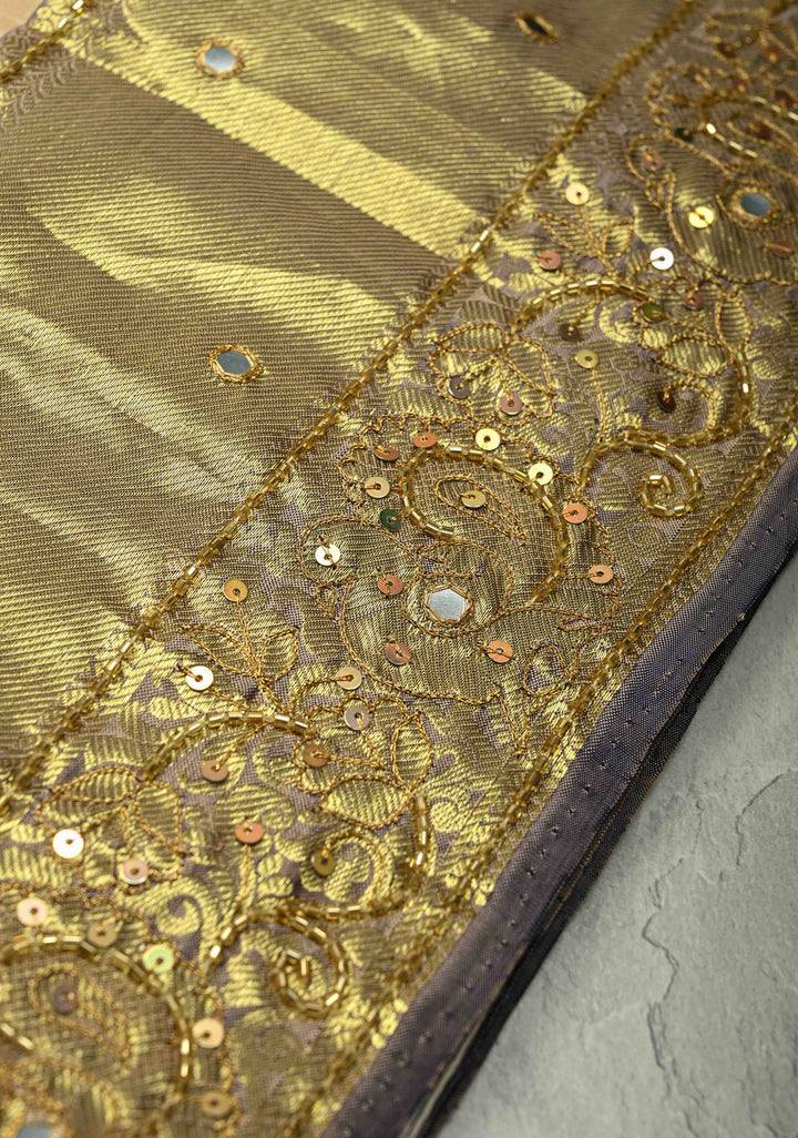 Beige Sequins, Cutdana, Mirror Work on Kanjivaram Pure Silk Saree with Peacock Buttas and Contrast Zari Border | SILK MARK CERTIFIED