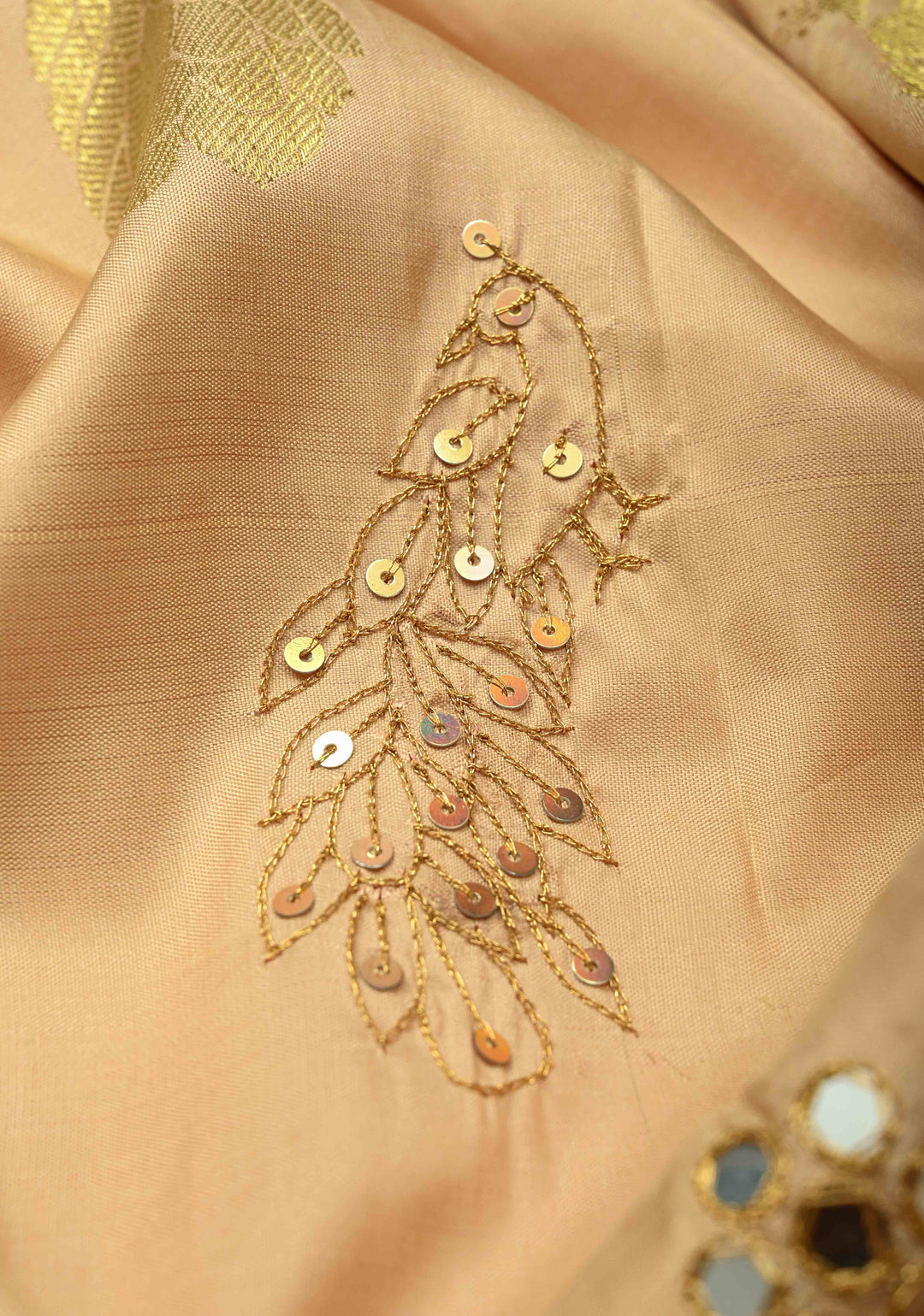 Beige Sequins, Cutdana, Mirror Work on Kanjivaram Pure Silk Saree with Peacock Buttas and Contrast Zari Border | SILK MARK CERTIFIED