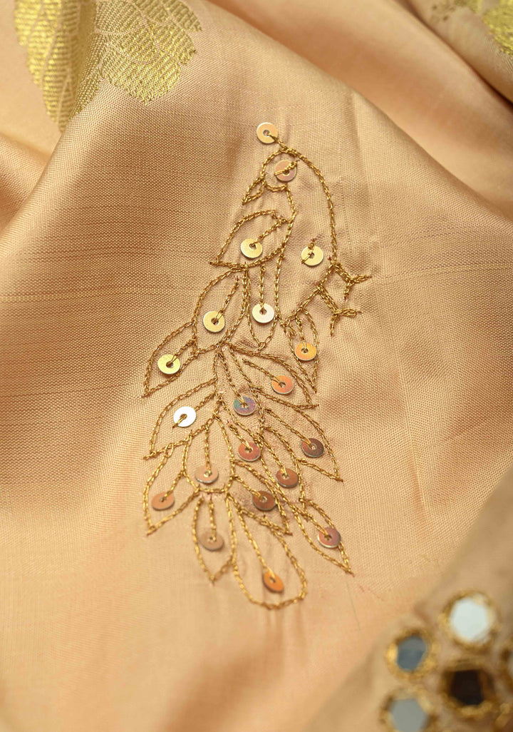 Beige Sequins, Cutdana, Mirror Work on Kanjivaram Pure Silk Saree with Peacock Buttas and Contrast Zari Border | SILK MARK CERTIFIED