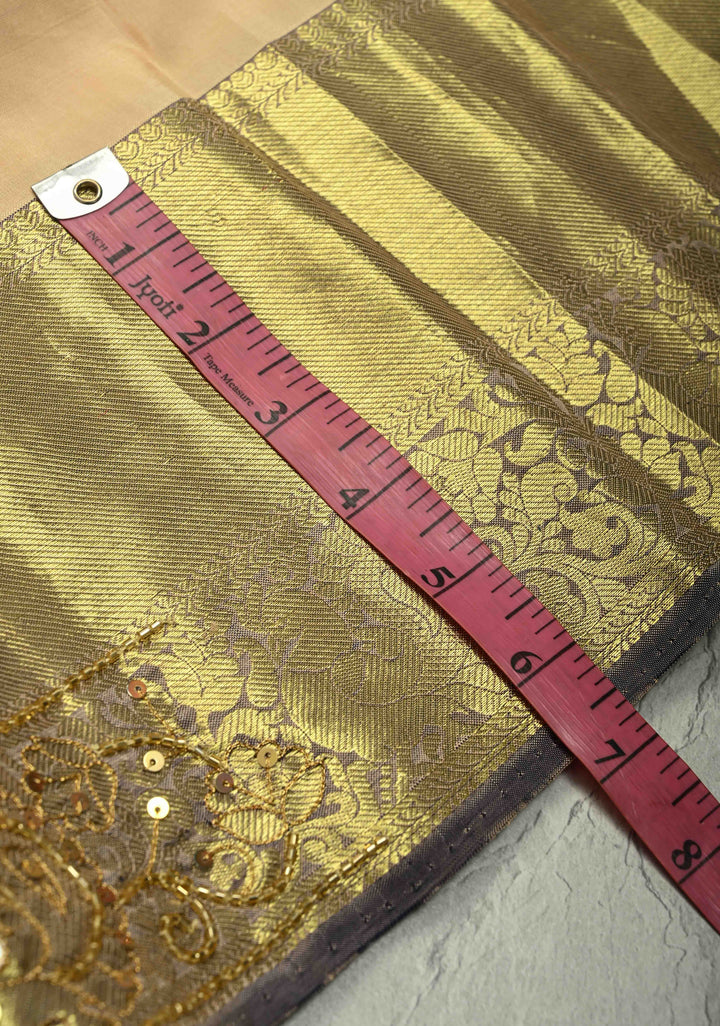 Beige Sequins, Cutdana, Mirror Work on Kanjivaram Pure Silk Saree with Peacock Buttas and Contrast Zari Border | SILK MARK CERTIFIED