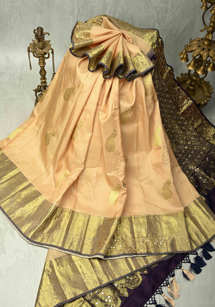 Beige Sequins, Cutdana, Mirror Work on Kanjivaram Pure Silk Saree with Peacock Buttas and Contrast Zari Border | SILK MARK CERTIFIED