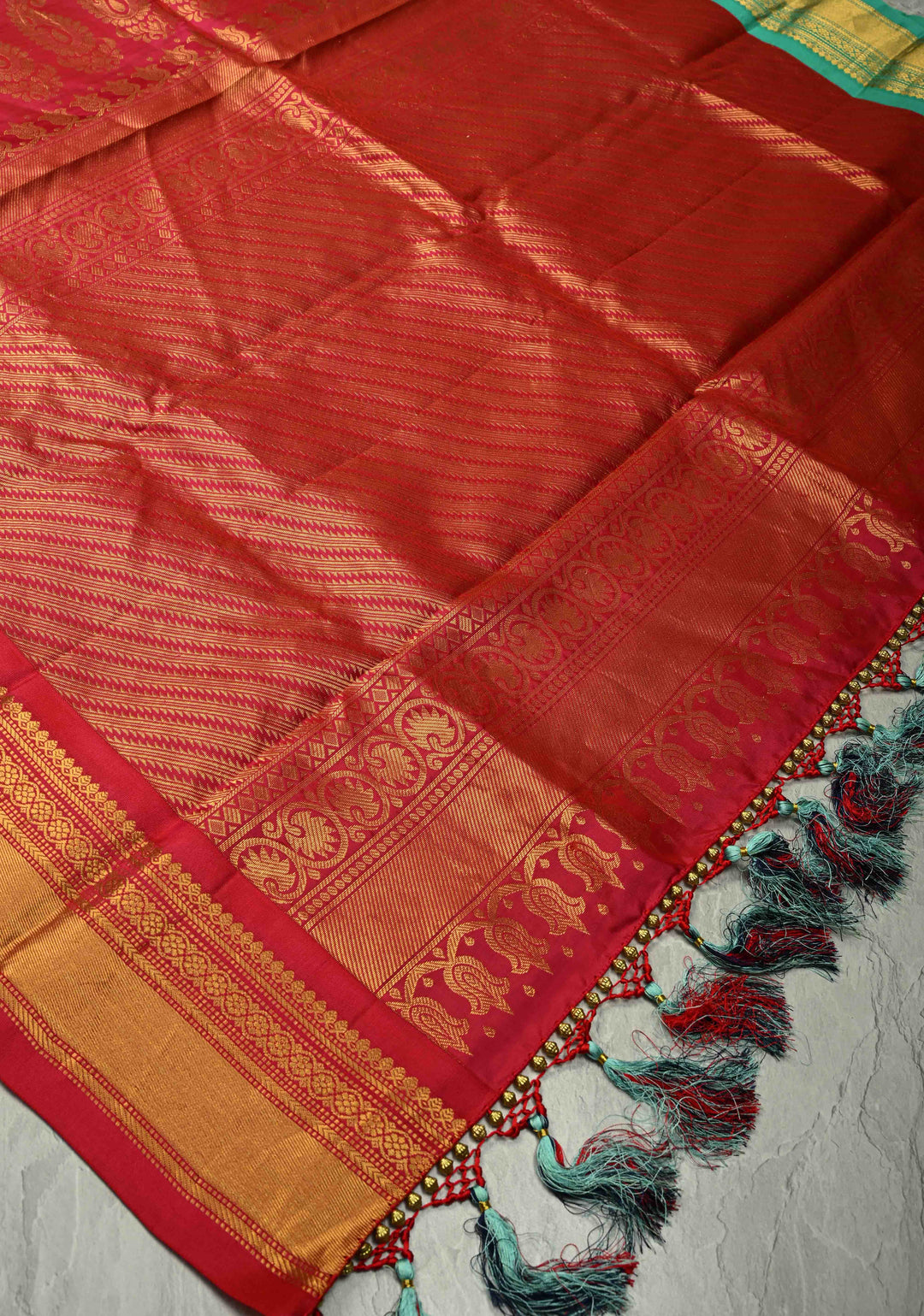 Deep Ink Purple Kanjivaram Silk Saree with Floral Zari Buttis and Contrast Ganga Jamuna Border | SILK MARK CERTIFIED