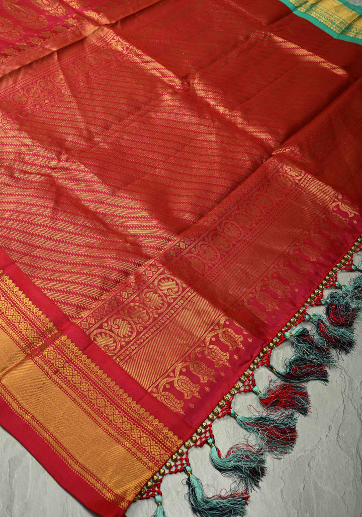 Deep Ink Purple Kanjivaram Silk Saree with Floral Zari Buttis and Contrast Ganga Jamuna Border | SILK MARK CERTIFIED