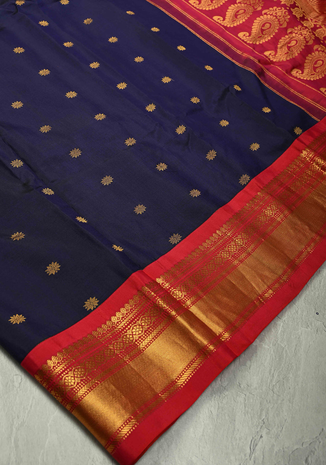 Deep Ink Purple Kanjivaram Silk Saree with Floral Zari Buttis and Contrast Ganga Jamuna Border | SILK MARK CERTIFIED