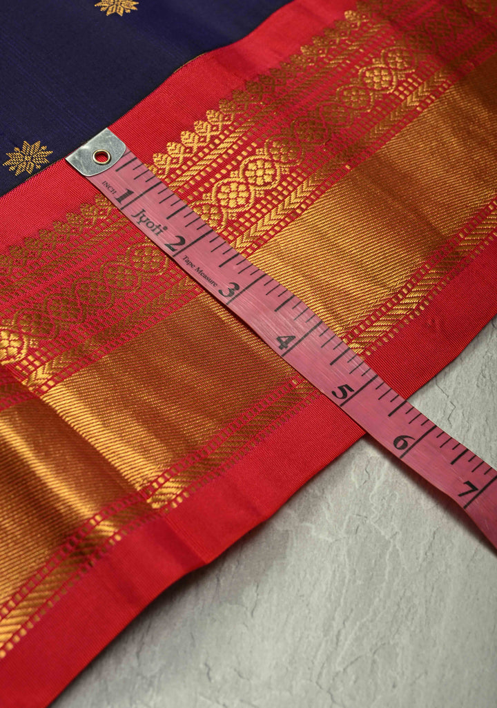 Deep Ink Purple Kanjivaram Silk Saree with Floral Zari Buttis and Contrast Ganga Jamuna Border | SILK MARK CERTIFIED