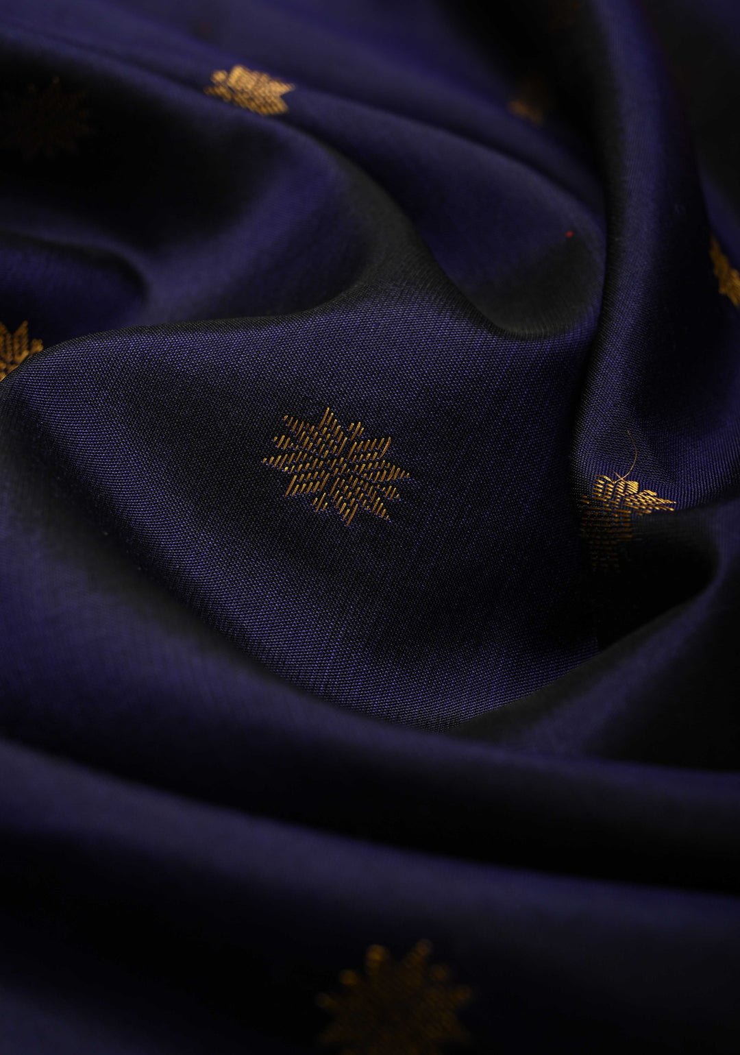 Deep Ink Purple Kanjivaram Silk Saree with Floral Zari Buttis and Contrast Ganga Jamuna Border | SILK MARK CERTIFIED