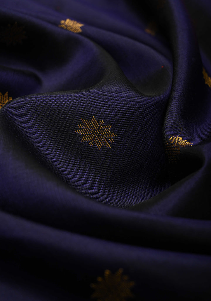 Deep Ink Purple Kanjivaram Silk Saree with Floral Zari Buttis and Contrast Ganga Jamuna Border | SILK MARK CERTIFIED