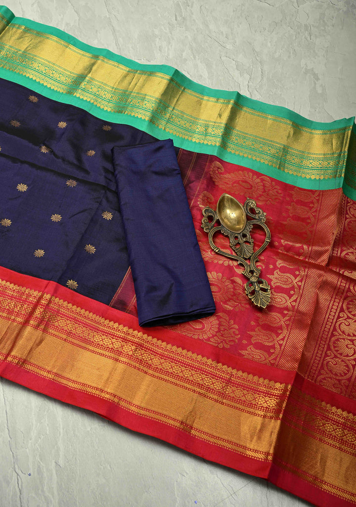 Deep Ink Purple Kanjivaram Silk Saree with Floral Zari Buttis and Contrast Ganga Jamuna Border | SILK MARK CERTIFIED