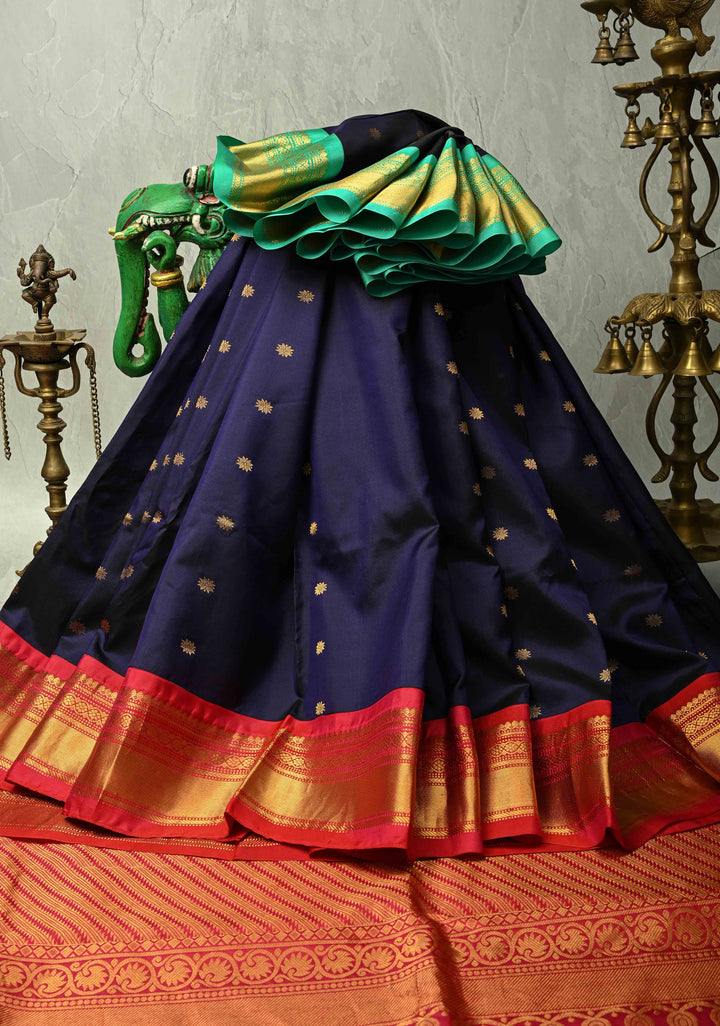 Deep Ink Purple Kanjivaram Silk Saree with Floral Zari Buttis and Contrast Ganga Jamuna Border | SILK MARK CERTIFIED