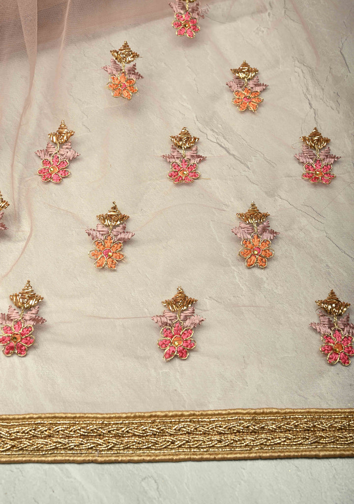 Dusty Rose Floral Embroidery Jaal on Net Saree with Stone, Zari Thread Handwork and Lace Border